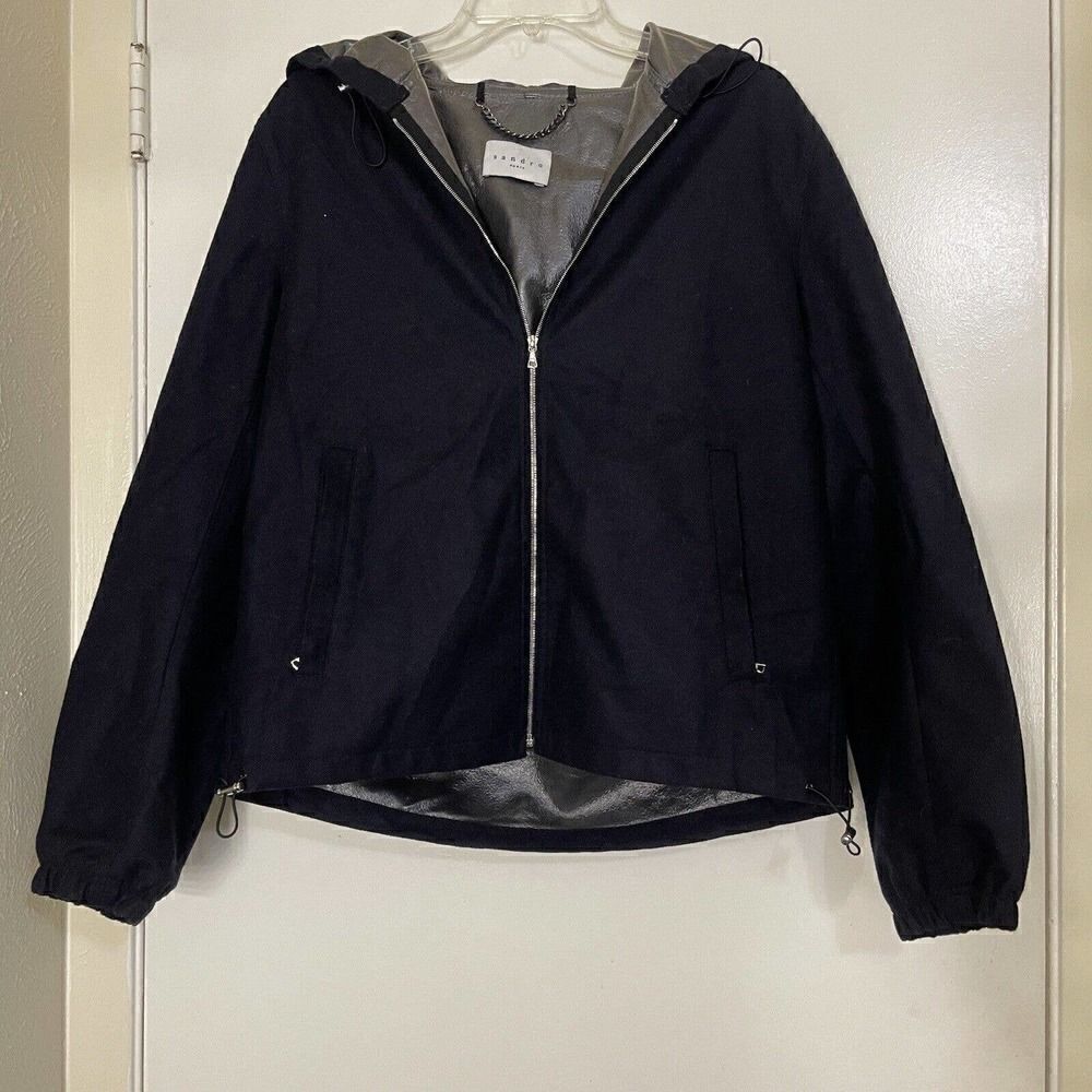 SANDRO paris navy wool blend zip up jacket with hood size Large